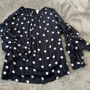 Chico's Navy Blue Polka Dot Chiffon Blouse Ruffle Sleeve Women's 2 US Large 12